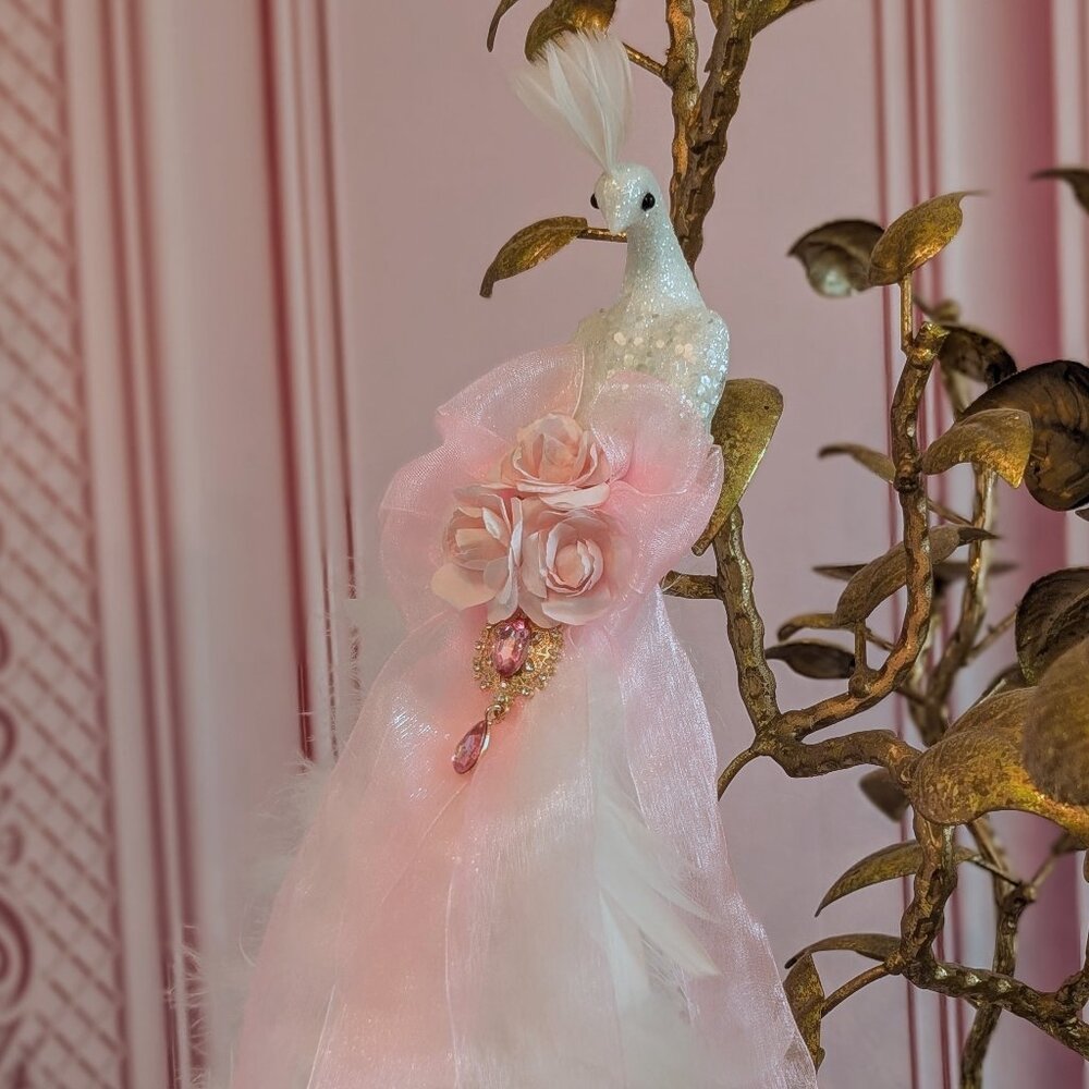 Shabby Chic French Victorian White Peacock Pink Roses Jeweled Christmas Ornament
